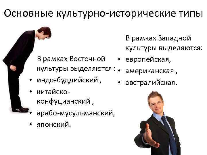 Основные культурно-исторические типы • • В рамках Западной культуры выделяются: В рамках Восточной •