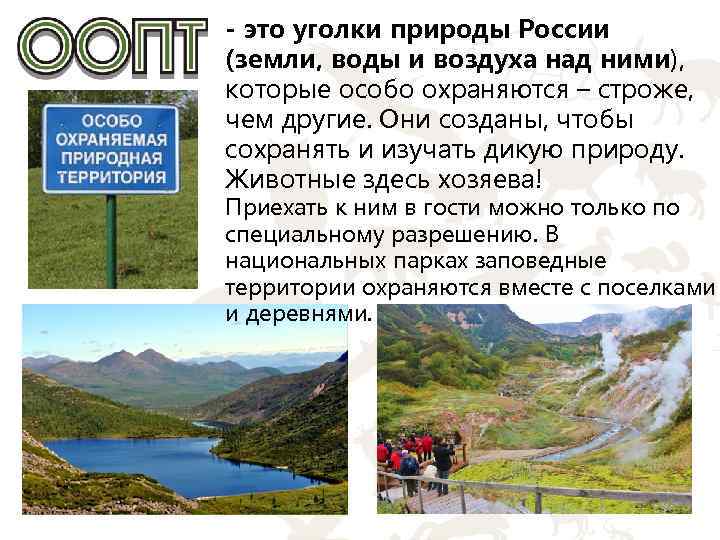 - это уголки природы России (земли, воды и воздуха над ними), которые особо охраняются
