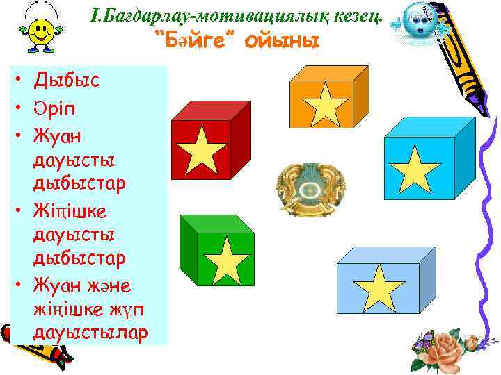 І. Бағдарлау-мотивациялық кезең. “Бәйге” ойыны • Дыбыс • Әріп • Жуан дауысты дыбыстар •