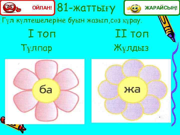 ОЙЛАН! 81 -жаттығу ЖАРАЙСЫҢ! Гүл күлтешелеріне буын жазып, сөз құрау. І топ Тұлпар ІІ