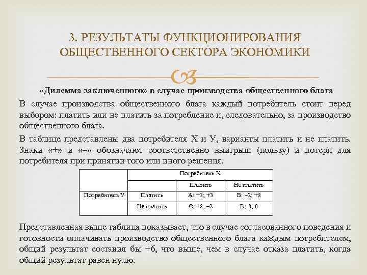 3. РЕЗУЛЬТАТЫ ФУНКЦИОНИРОВАНИЯ ОБЩЕСТВЕННОГО СЕКТОРА ЭКОНОМИКИ «Дилемма заключенного» в случае производства общественного блага В