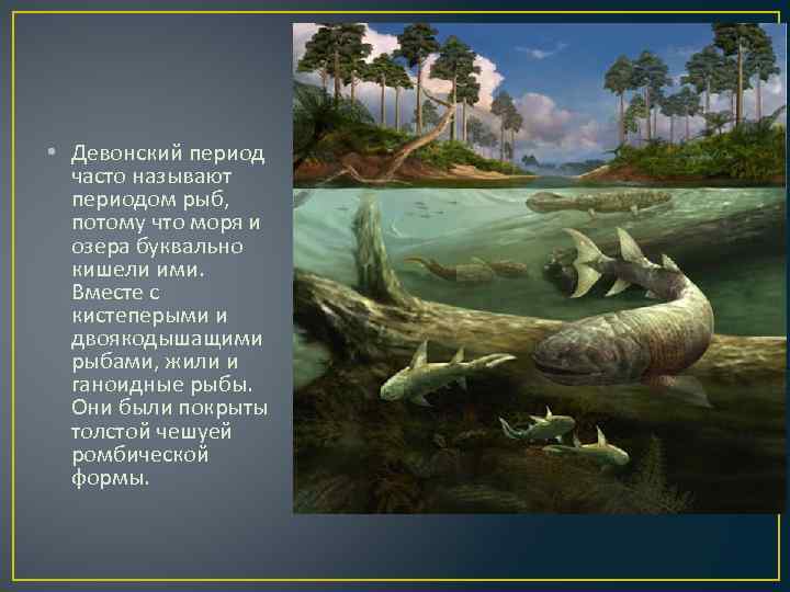  • Девонский период часто называют периодом рыб, потому что моря и озера буквально