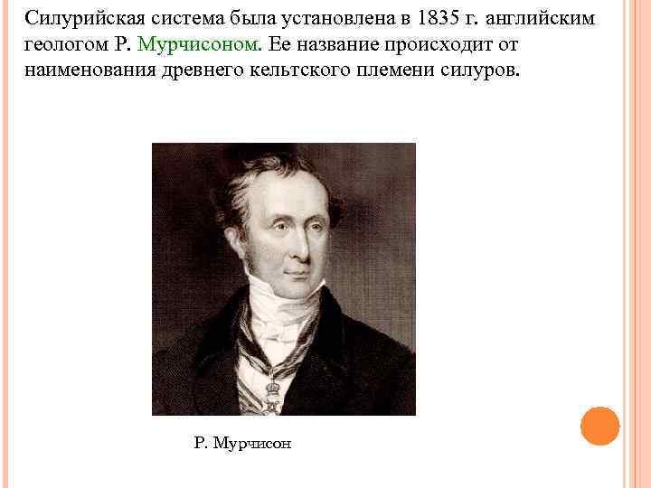 Силурийская система была установлена в 1835 г. английским геологом Р. Мурчисоном. Ее название происходит