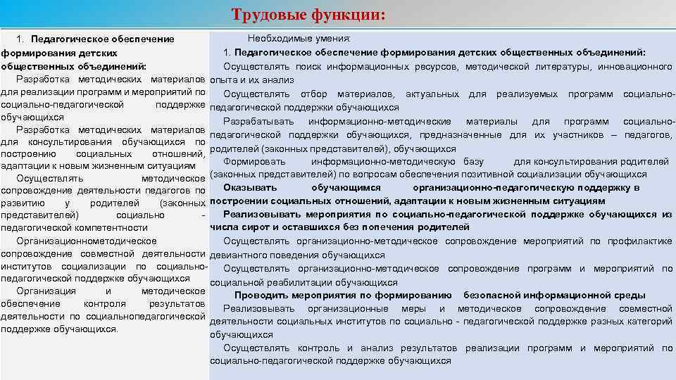 Трудовые функции: Необходимые умения: 1. Педагогическое обеспечение 1. Педагогическое обеспечение формирования детских общественных объединений: