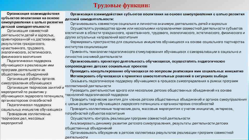 Трудовые функции: Организация взаимодействия субъектов воспитания на основе самоуправления с целью развития субъектов воспитания