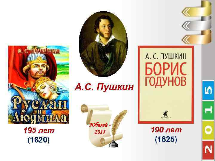 А. С. Пушкин 195 лет (1820) Юбилей 2015 190 лет (1825) 