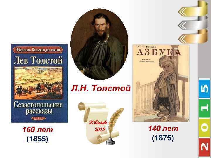 Л. Н. Толстой 160 лет (1855) Юбилей 2015 140 лет (1875) 