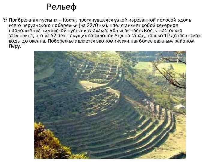 Рельеф Прибрежная пустыня – Коста, протянувшаяся узкой изрезанной полосой вдоль всего перуанского побережья (на