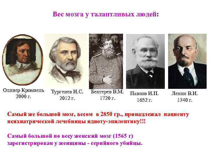 Вес мозга у талантливых людей: Оливер Кромвель 2000 г. Тургенев И. С. 2012 г.