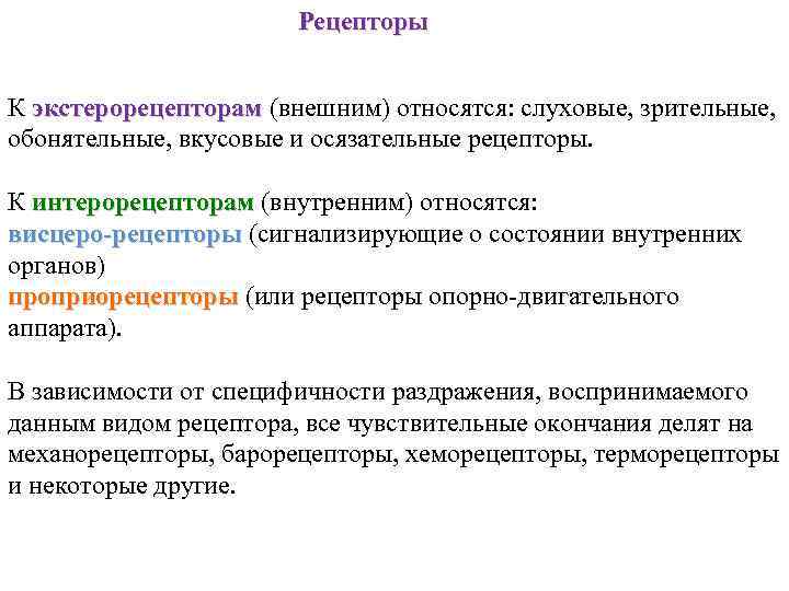 Рецепторы К экстерорецепторам (внешним) относятся: слуховые, зрительные, экстерорецепторам обонятельные, вкусовые и осязательные рецепторы. К