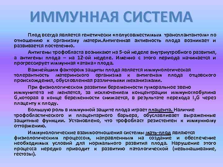 ИММУННАЯ СИСТЕМА Плод всегда является генетически «полусовместимым трансплантантом» по отношению к организму матери. Антигенная