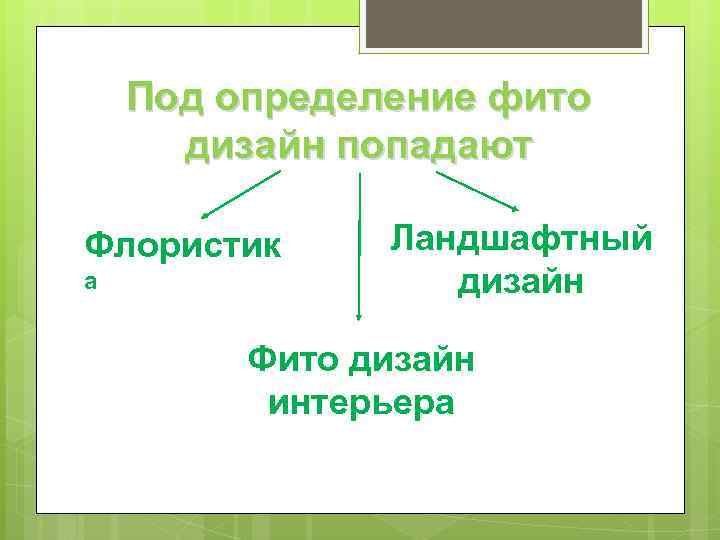 Под определение фито дизайн попадают Флористик а Ландшафтный дизайн Фито дизайн интерьера 