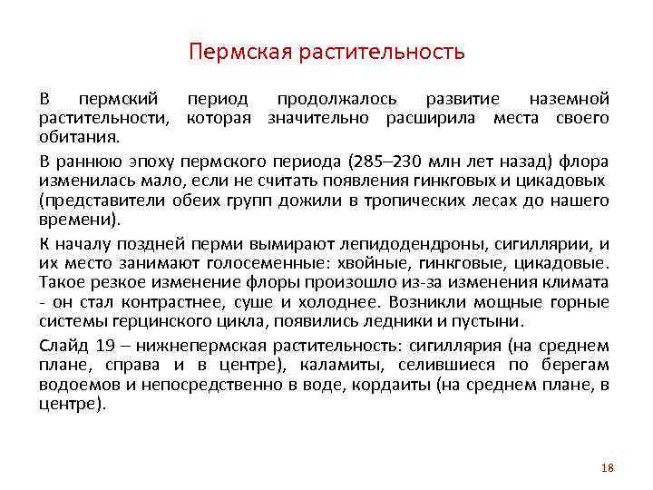 Пермская растительность В пермский период продолжалось развитие наземной растительности, которая значительно расширила места своего