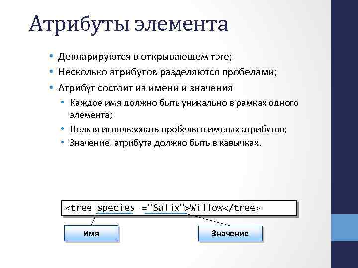 Атрибуты элемента • Декларируются в открывающем тэге; • Несколько атрибутов разделяются пробелами; • Атрибут