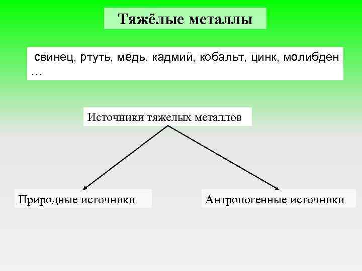 Тяжёлые металлы свинец, ртуть, медь, кадмий, кобальт, цинк, молибден … Источники тяжелых металлов Природные