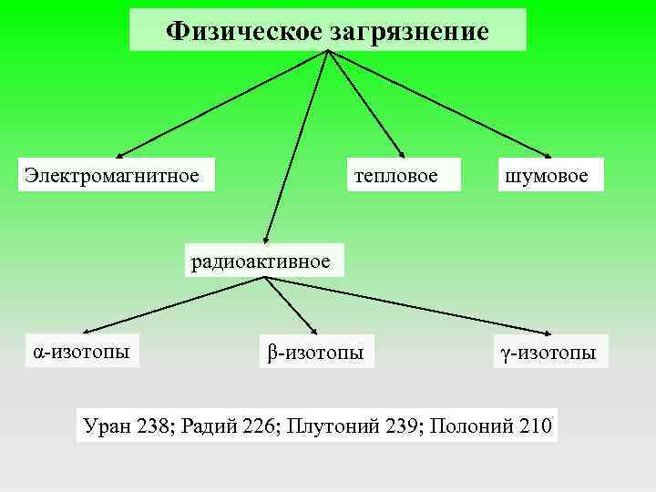 Физическое загрязнение тепловое Электромагнитное шумовое радиоактивное α-изотопы β-изотопы γ-изотопы Уран 238; Радий 226; Плутоний