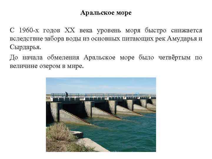 Аральское море С 1960 -х годов XX века уровень моря быстро снижается вследствие забора