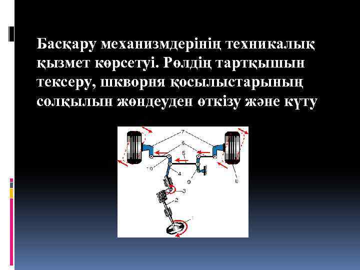 Басқару механизмдерінің техникалық қызмет көрсетуі. Рөлдің тартқышын тексеру, шкворня қосылыстарының солқылын жөндеуден өткізу және