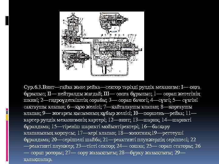 Сур. 6. 3. Винт—гайка және рейка—сектор тәрізді рулдік механизм: I— оңға бұрылыс; II— нейтралды
