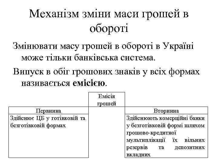 Механізм зміни маси грошей в обороті Змінювати масу грошей в обороті в Україні може