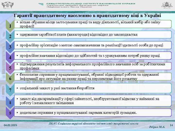 Гарантії працездатному населенню в працездатному віці в Україні 1 • вільне обрання місця застосування