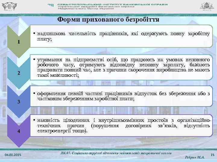 Форми прихованого безробіття 1 2 3 4 04. 02. 2018 • надлишкова чисельність працівників,