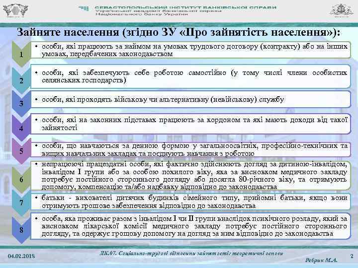 Зайняте населення (згідно ЗУ «Про зайнятість населення» ): 1 • особи, які працюють за