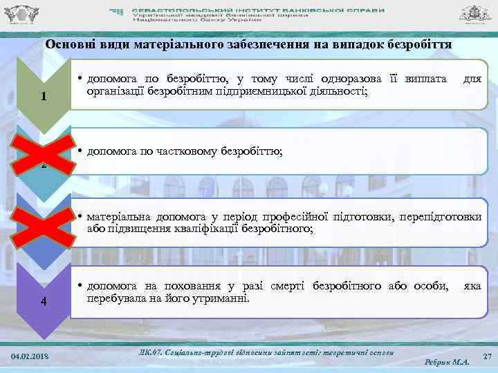 Основні види матеріального забезпечення на випадок безробіття 1 2 • допомога по безробіттю, у