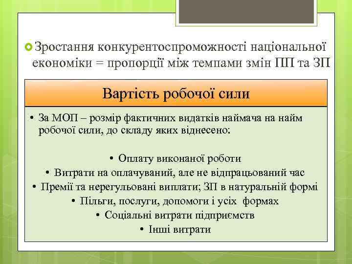  Зростання конкурентоспроможності національної економіки = пропорції між темпами змін ПП та ЗП Вартість