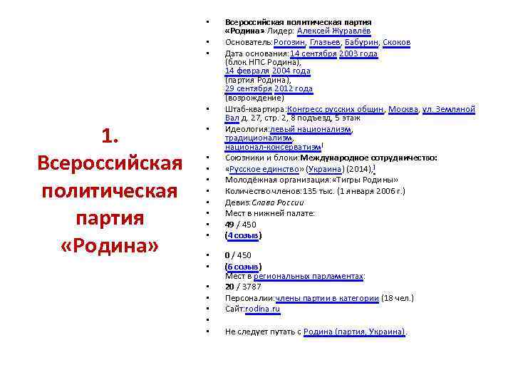  • • 1. Всероссийская политическая партия «Родина» • • • • Всероссийская политическая