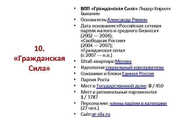 10. «Гражданская Сила» • ВПП «Гражданская Сила» Лидер: Кирилл Быканин • Основатель: Александр Рявкин