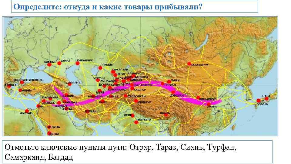 Определите: откуда и какие товары прибывали? Отметьте ключевые пункты пути: Отрар, Тараз, Сиань, Турфан,