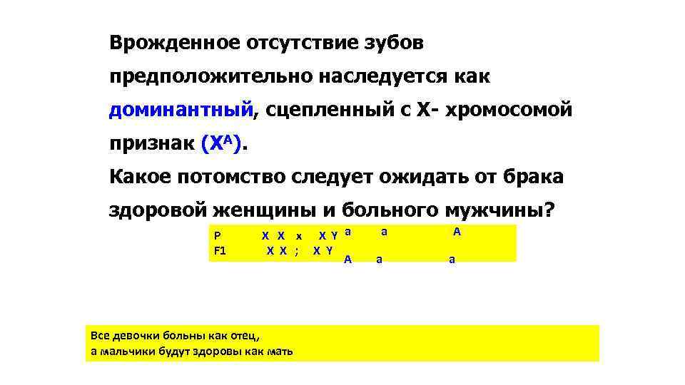 Врожденное отсутствие зубов предположительно наследуется как доминантный, сцепленный с Х- хромосомой признак (XA). Какое