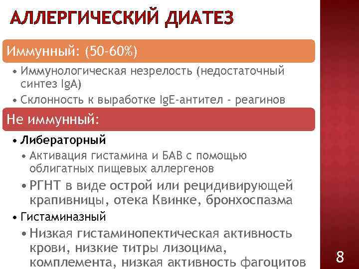 АЛЛЕРГИЧЕСКИЙ ДИАТЕЗ Иммунный: (50 -60%) • Иммунологическая незрелость (недостаточный синтез Ig. А) • Склонность