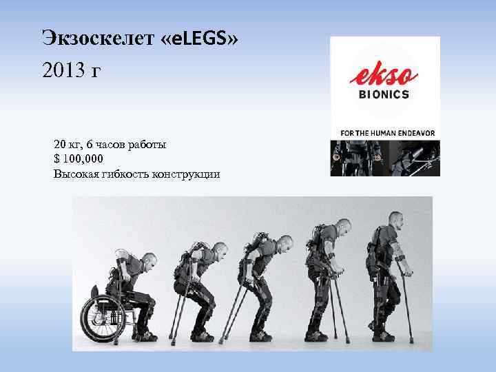 Экзоскелет «e. LEGS» 2013 г 20 кг, 6 часов работы $ 100, 000 Высокая