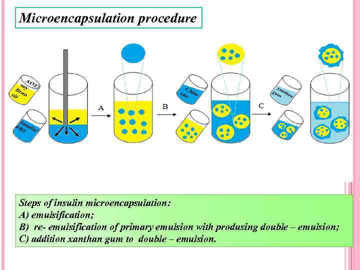 Microencapsulation procedure Steps of insulin microencapsulation: A) emulsification; B) re- emulsification of primary emulsion