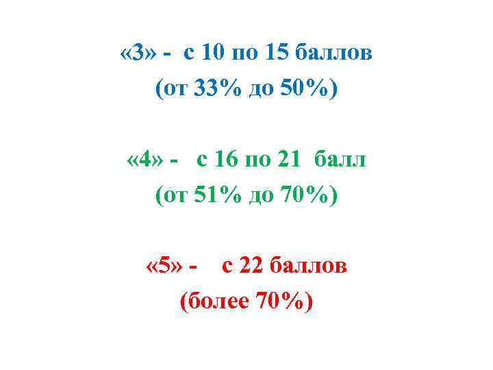  « 3» - с 10 по 15 баллов (от 33% до 50%) «