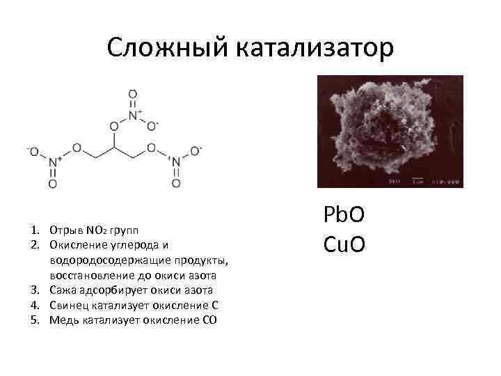 Сложный катализатор 1. Отрыв NO 2 групп 2. Окисление углерода и водородосодержащие продукты, восстановление