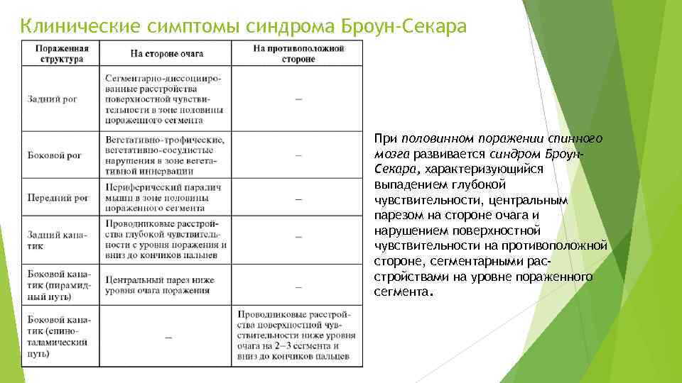 Клинические симптомы синдрома Броун-Секара При половинном поражении спинного мозга развивается синдром Броун. Секара, характеризующийся