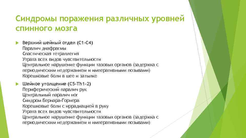 Синдромы поражения различных уровней спинного мозга Верхний шейный отдел (C 1 -C 4) Паралич