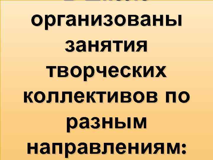 В школе организованы занятия творческих коллективов по разным направлениям: 