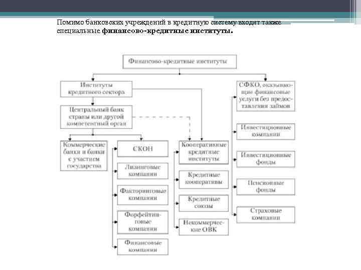 Помимо банковских учреждений в кредитную систему входят также специальные финансово кредитные институты. 