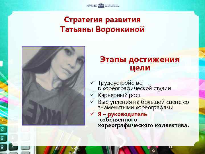 Стратегия развития Татьяны Воронкиной Этапы достижения цели ü Трудоустройство: в хореографической студии ü Карьерный