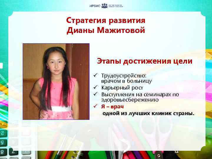 Стратегия развития Дианы Мажитовой Этапы достижения цели ü Трудоустройство: врачом в больницу ü Карьерный