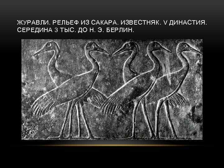 ЖУРАВЛИ. РЕЛЬЕФ ИЗ САКАРА. ИЗВЕСТНЯК. V ДИНАСТИЯ. СЕРЕДИНА 3 ТЫС. ДО Н. Э. БЕРЛИН.