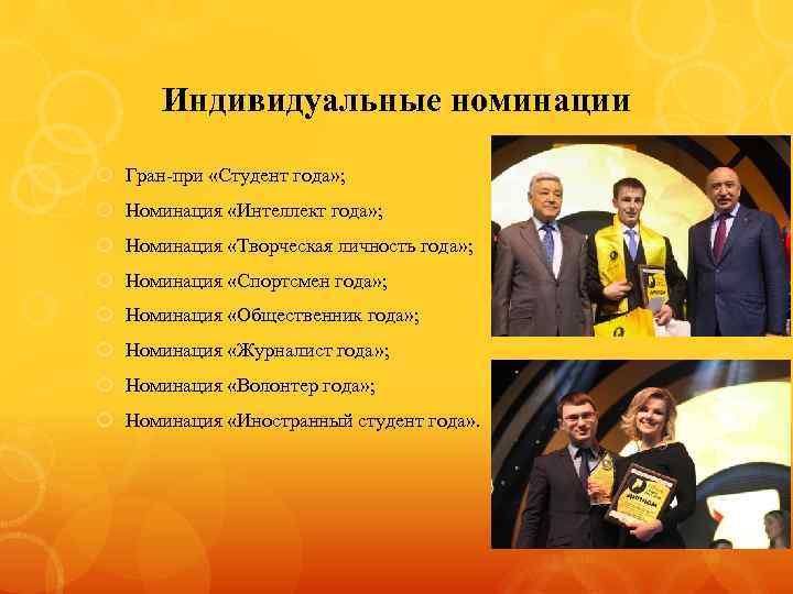 Индивидуальные номинации Гран-при «Студент года» ; Номинация «Интеллект года» ; Номинация «Творческая личность года»