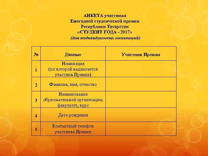 АНКЕТА участника Ежегодной студенческой премии Республики Татарстан «СТУДЕНТ ГОДА - 2017» (для индивидуальных номинаций)
