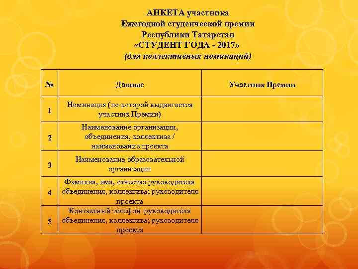 АНКЕТА участника Ежегодной студенческой премии Республики Татарстан «СТУДЕНТ ГОДА - 2017» (для коллективных номинаций)