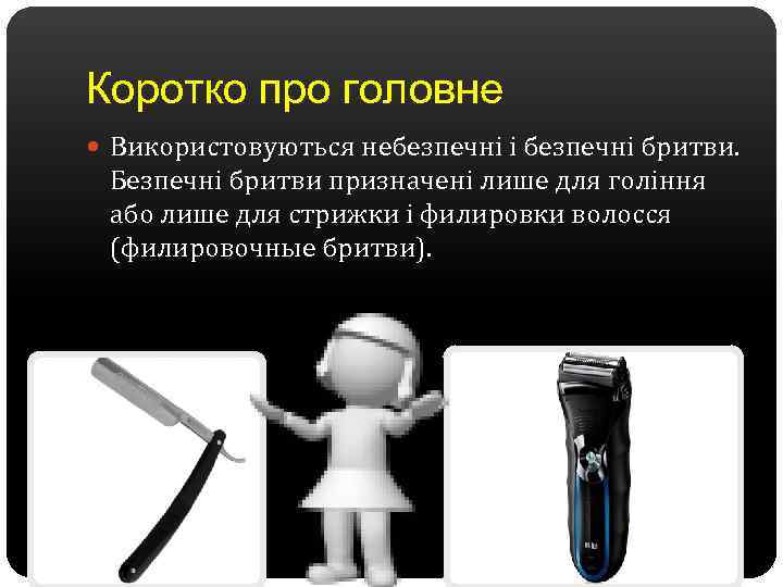 Коротко про головне Використовуються небезпечні і безпечні бритви. Безпечні бритви призначені лише для гоління