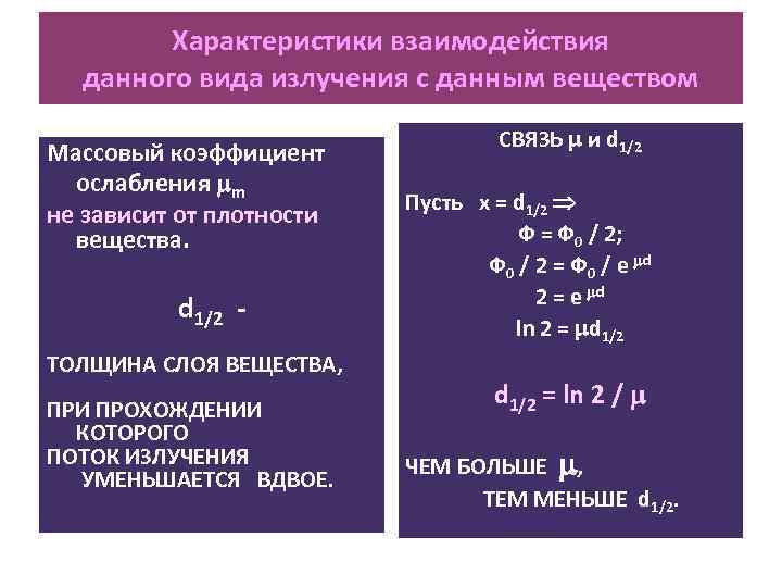 Характеристики взаимодействия данного вида излучения с данным веществом Массовый коэффициент ослабления m не зависит